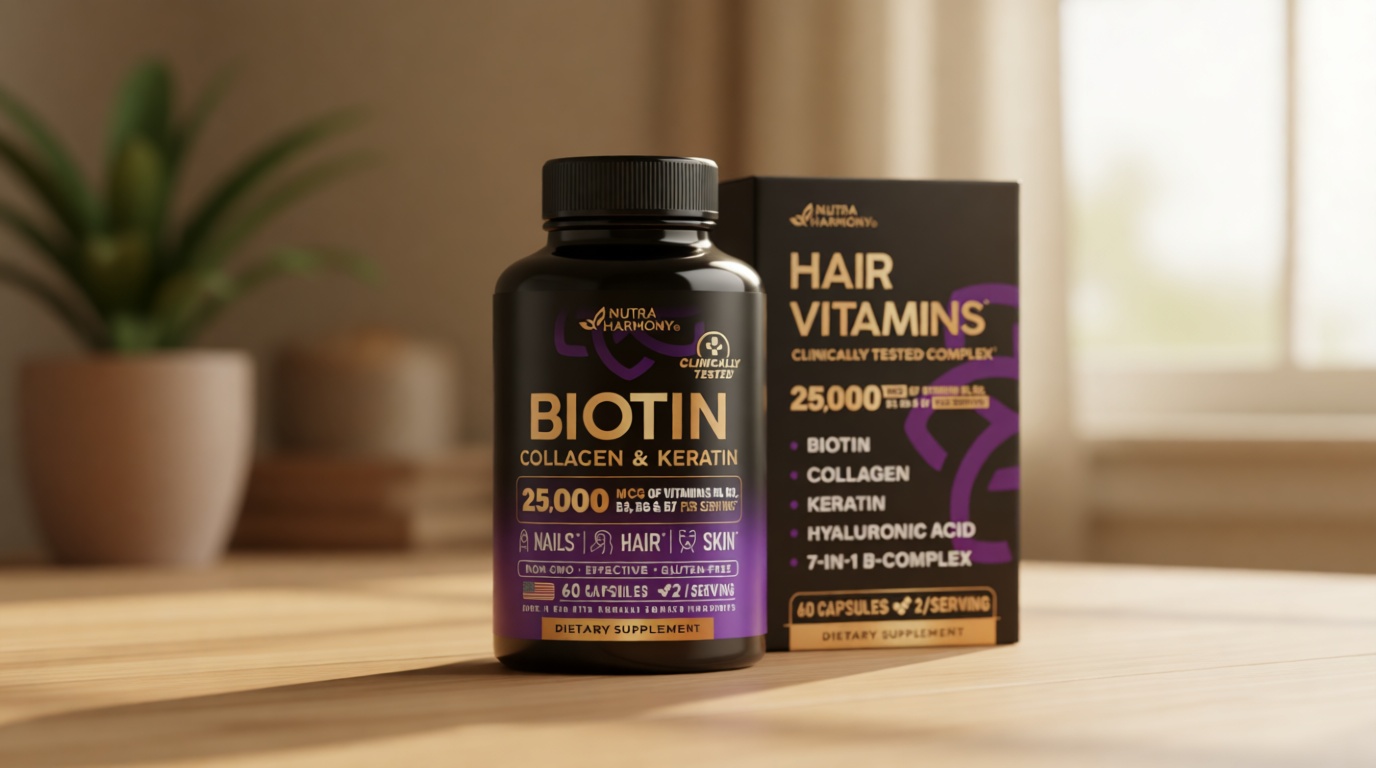 NUTRAHARMONY Biotin | Collagen | Hyaluronic Acid | Keratin - Support Normal Hair Growth Cycle - Skin & Nails - 25000mcg Vitamins B1, B2, B3, B6 & B7 - for Women & Men - Made in USA | 60 Capsules ClimatePartner certified