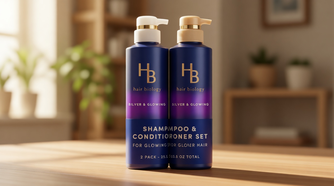 Hair Biology Biotin-Infused Purple Shampoo and Conditioner Set for Grey Hair, Anti-Brassiness, Moisturizing, Color-Safe, Silver & Glowing, Corrects Yellow Tones, 12.8 Fl Oz Each, 2 Pack