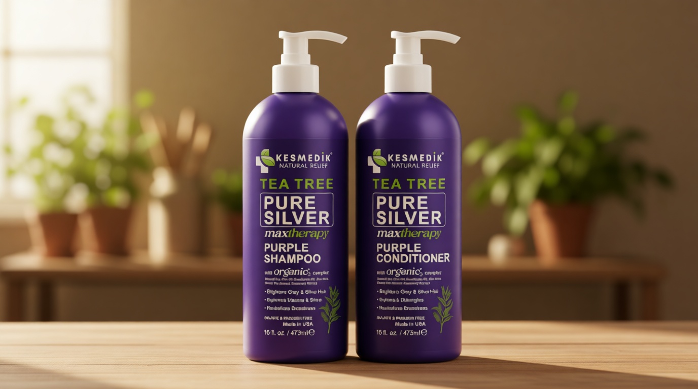 Tea Tree Purple Shampoo & Conditioner Set with Rosemary & Aloe, Professional Anti Brass Toner, Removes Yellow Tones for Gray, Bleached, White & Blonde Hair, Refreshes Scalp, Sulfate-Free