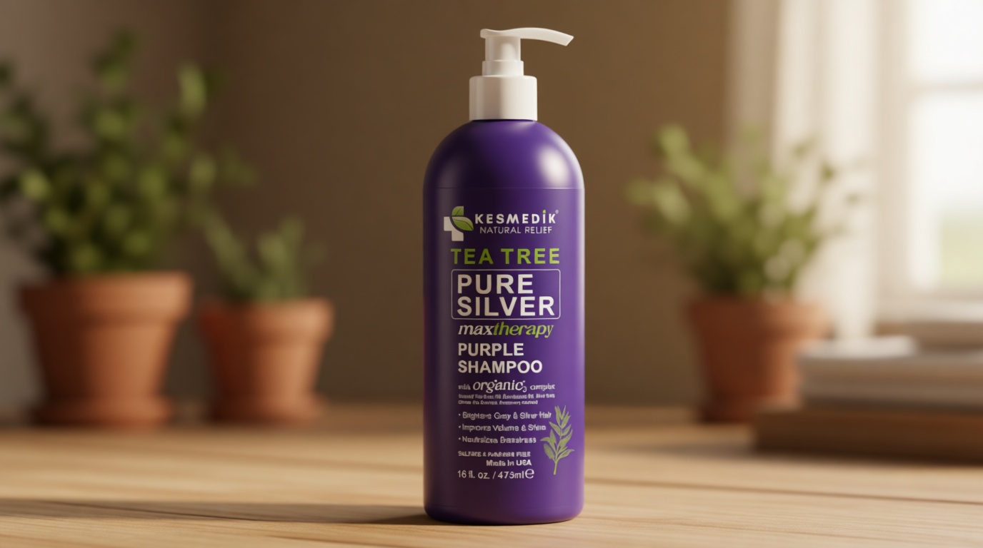 KESMEDIK Tea Tree Purple Shampoo with Rosemary & Aloe, Professional Anti Brass Toner, Removes Yellow Tones for Gray, Bleached, White & Blonde Hair, Nourishes & Refreshes Scalp, Sulfate-Free, 16 fl oz