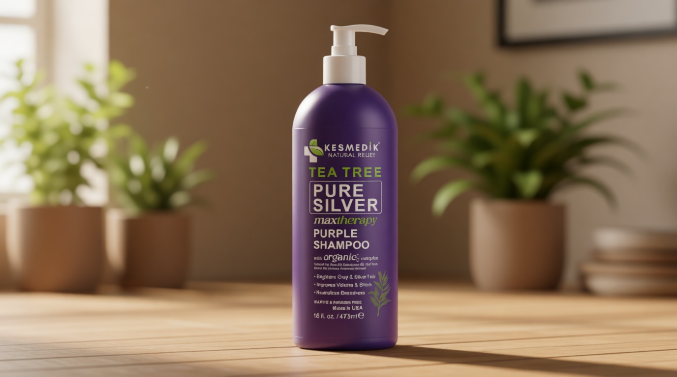 KESMEDIK Tea Tree Purple Shampoo with Rosemary & Aloe, Professional Anti Brass Toner, Removes Yellow Tones for Gray, Bleached, White & Blonde Hair, Nourishes & Refreshes Scalp, Sulfate-Free, 16 fl oz