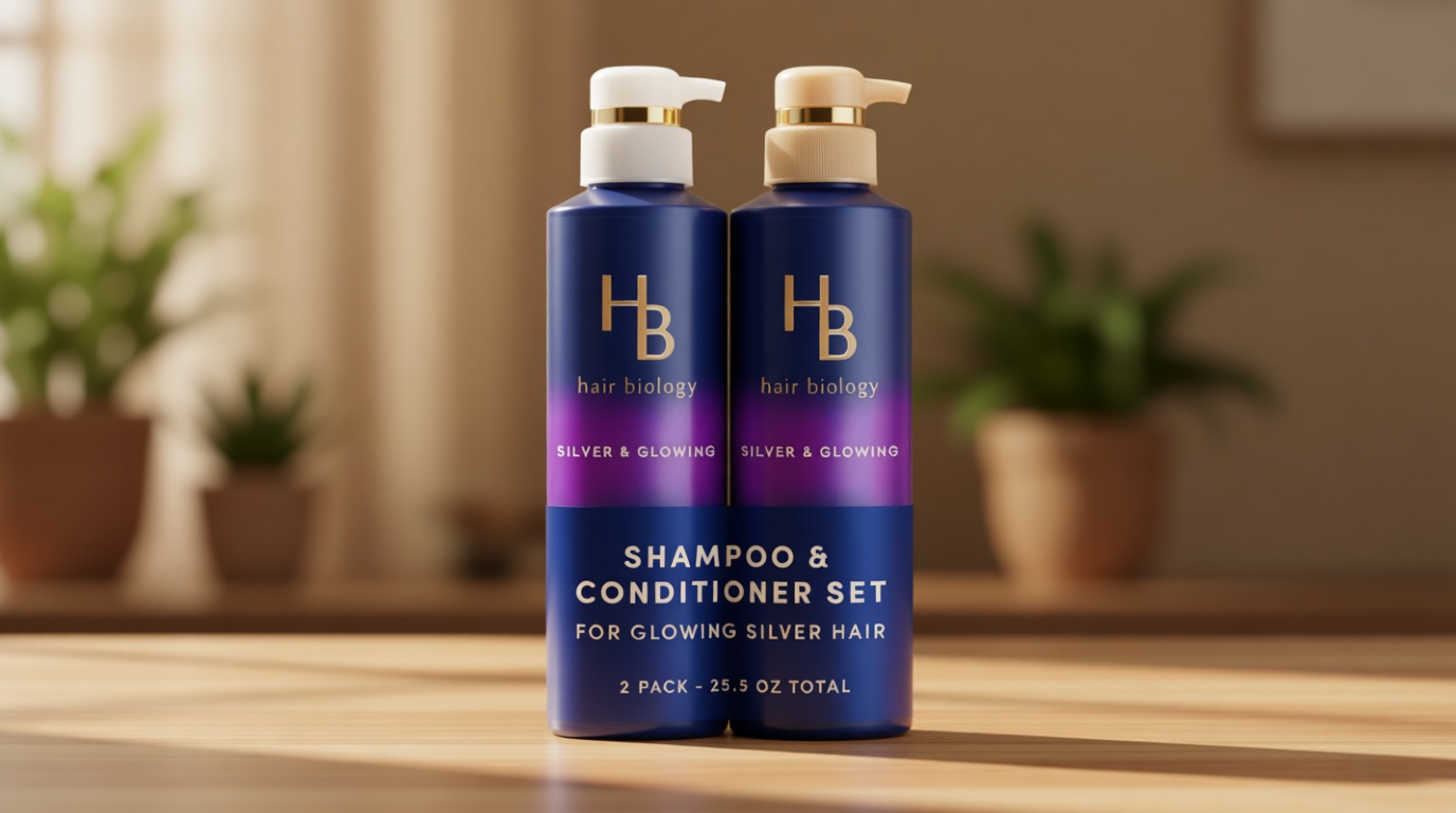 Hair Biology Biotin-Infused Purple Shampoo and Conditioner Set for Grey Hair, Anti-Brassiness, Moisturizing, Color-Safe, Silver & Glowing, Corrects Yellow Tones, 12.8 Fl Oz Each, 2 Pack