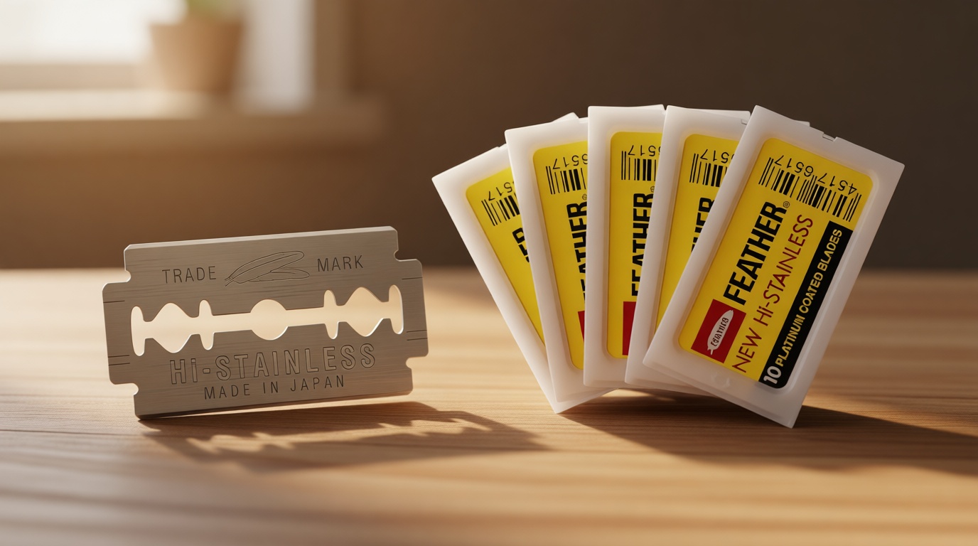 Feather Double Edge Safety Razor Blades - (50 Count) - Platinum Coated Hi-Stainless Steel Razor Blades - Fits Most Safety Razors - Super Sharp for Close Shaves - Japanese Quality [Amazon-developed Certification] Compact by Design