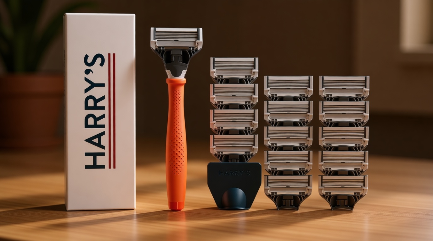 Harry's Original Shaving Kit for Men - Razor Handle, 15 Razor Blade Refills, and Travel Blade Cover - German Engineered - Orange