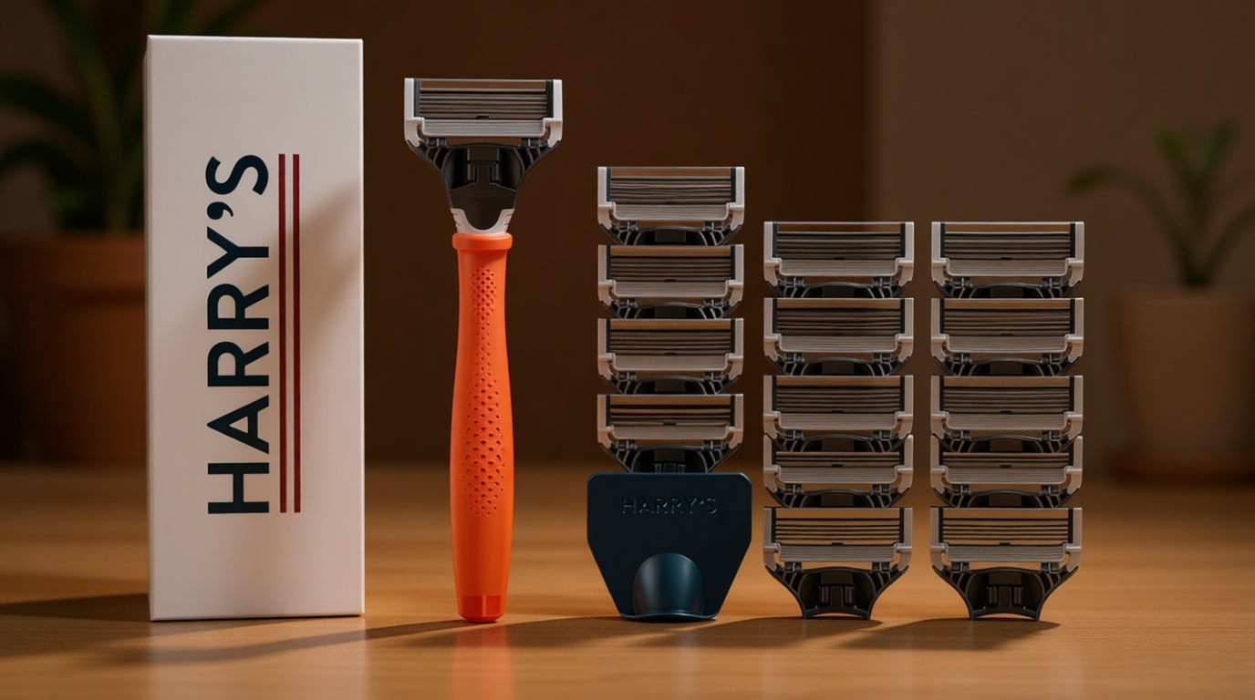 Harry's Original Shaving Kit for Men - Razor Handle, 15 Razor Blade Refills, and Travel Blade Cover - German Engineered - Orange