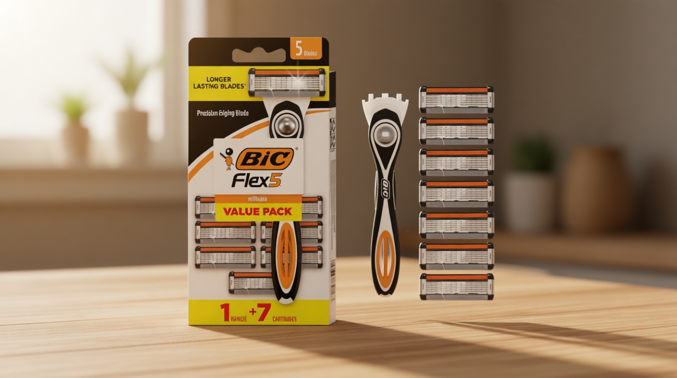 BIC Flex 5 Men's Refillable 5-Blade Razors with 1 Handle and 7 Cartridges, Smooth Shave Gift for Men