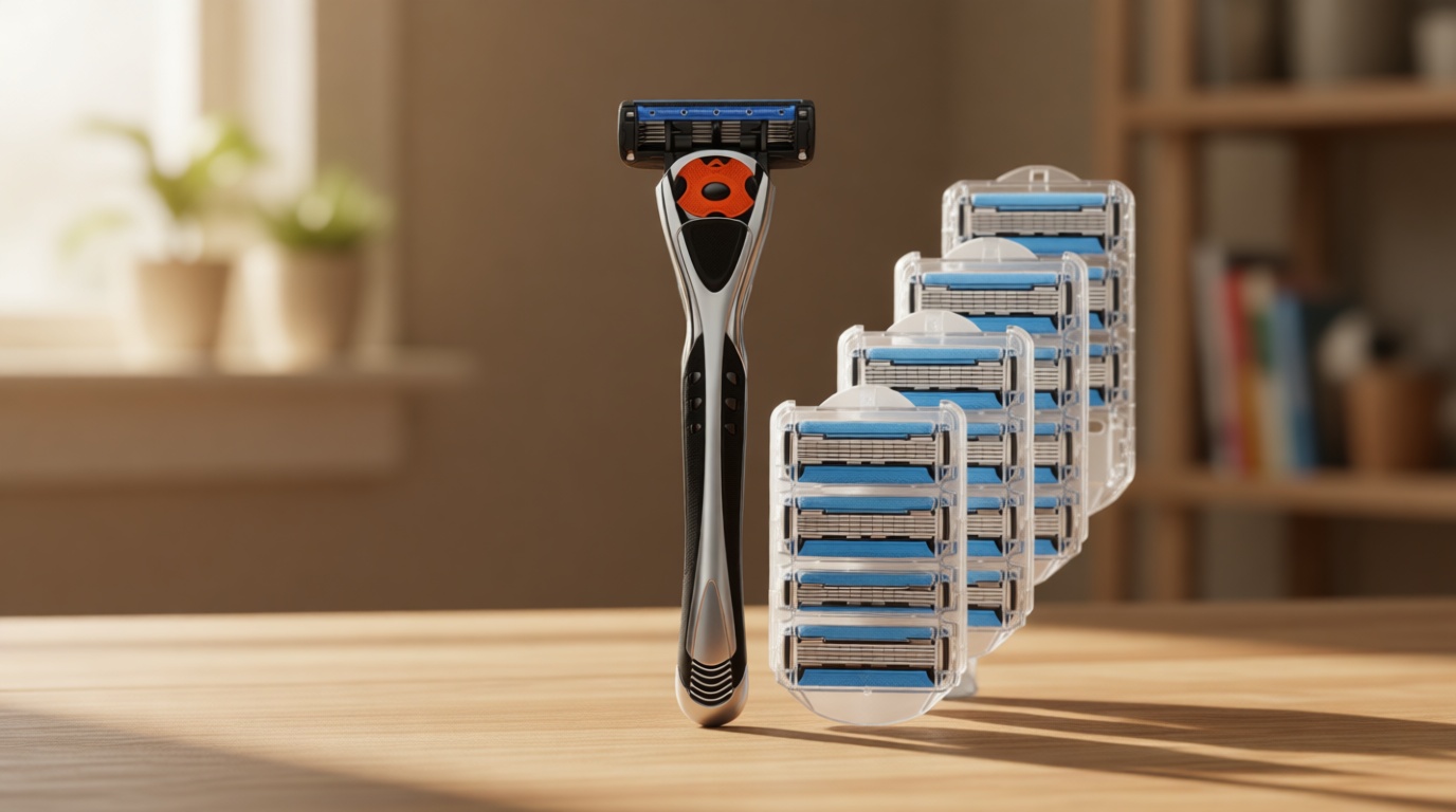 Amazon Basics 5-Blade MotionSphere Men's Razor with Dual Lubrication and Precision Trimmer, 17 Piece Set, 1 Handle & 16 Cartridges, Black