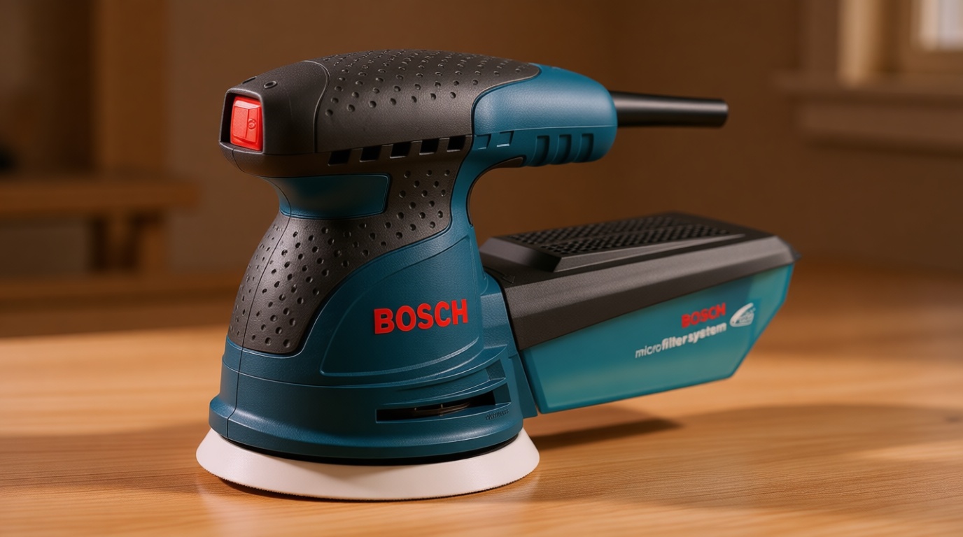 BOSCH ROS20VSC Palm Sander 2.5 Amp 5 Inch Corded Variable Speed Random Orbital Sander, Polisher Kit with Dust Collector and Soft Carrying Bag