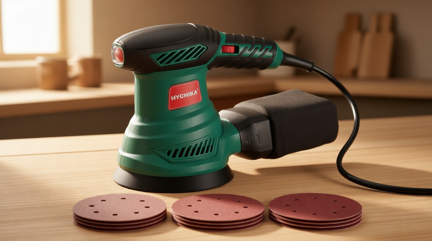 HYCHIKA 5-Inch Random Orbital Sander, 13000RPM Electric Palm Sander with 6 Variable Speeds, Powerful Motor, 12PCS Sandpapers and Efficient Dust Collection Bag, for Woodworking, Finishing and Polishing