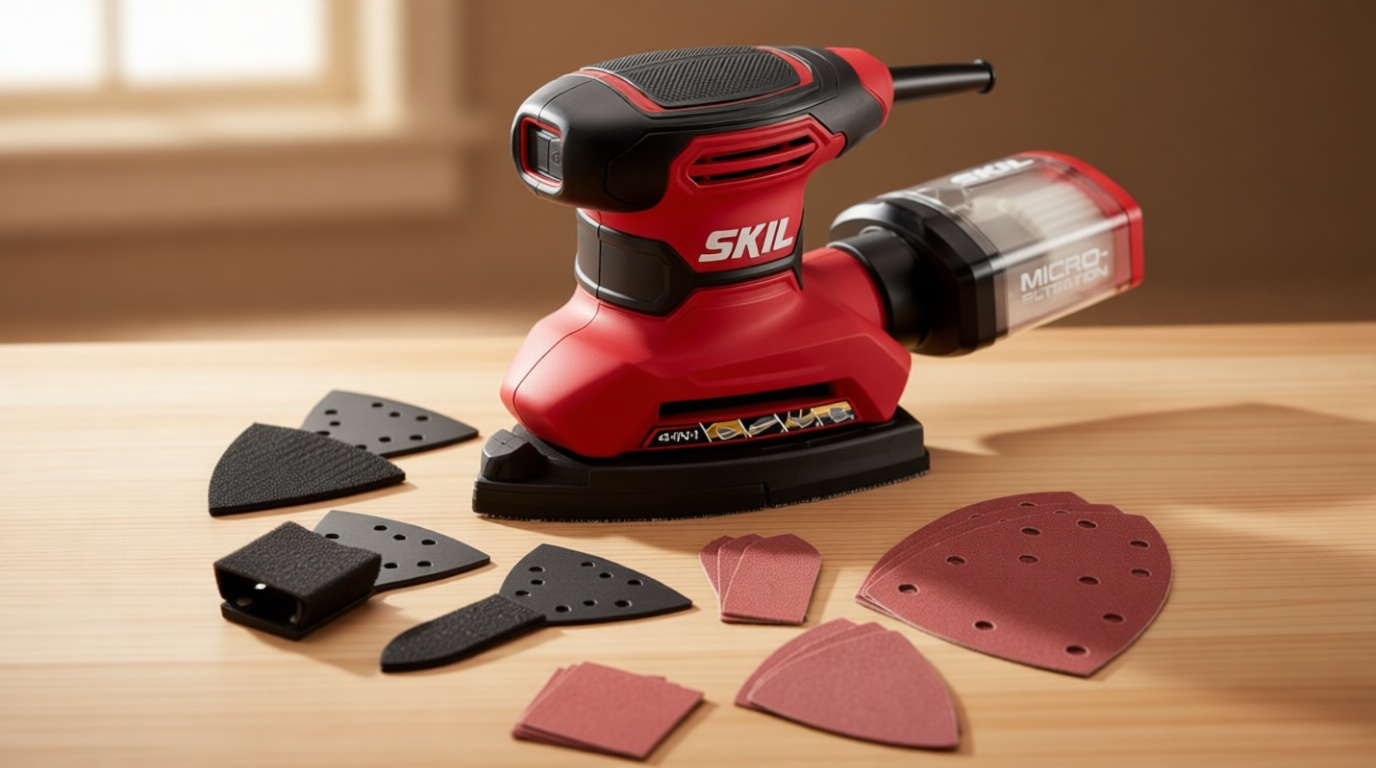 SKIL Corded Multi-Function Detail Sander with Micro-Filter Dust Box 3 Additional Attachments & 12pc Sanding Sheet- SR232301