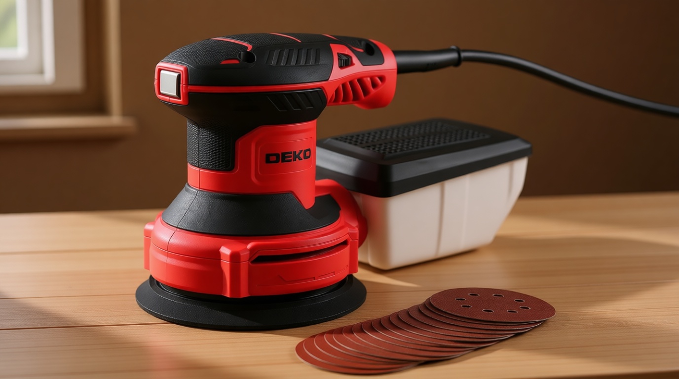 DEKOPRO Electric Sander with 16 Sandpapers, 14000RPM, 5-Inch, High Performance Dust Collection - For Woodworking