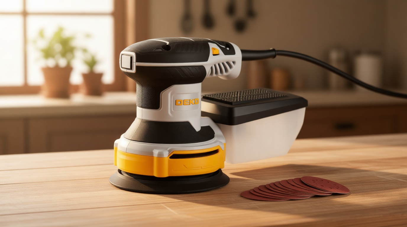 Orbital Sander Corded Hand Sander: DEKOPRO 5" Random Orbital Sander with Dust Box, 6 Various Speeds Electric Palm Sander with Dust Box, 16Pcs Sandpapers for Woodworking & Sanding-Yellow