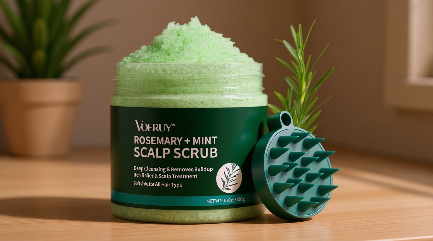 VOERUY Scalp Scrub, Rosemary Scalp Exfoliator Scrub Shampoo, 2-in-1 Scalp Treatment with Mint Oil, Hair Treatment to Clarify and Remove Build Up with Silicone Scalp Massager, 10.6oz/300g
