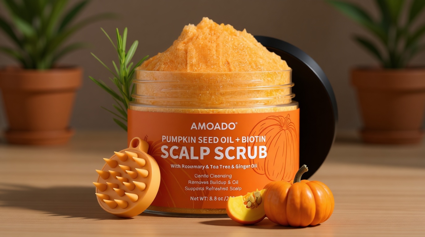 AMOADO Scalp Scrub, Pumpkin Seed Oil Scalp Exfoliator With Biotin & Rosemary, Sulfate Free Scalp Detox for Itchy Scalp & Dandruff & Buildup Removal & Hair Growth, Hair Scrub with Scrubber