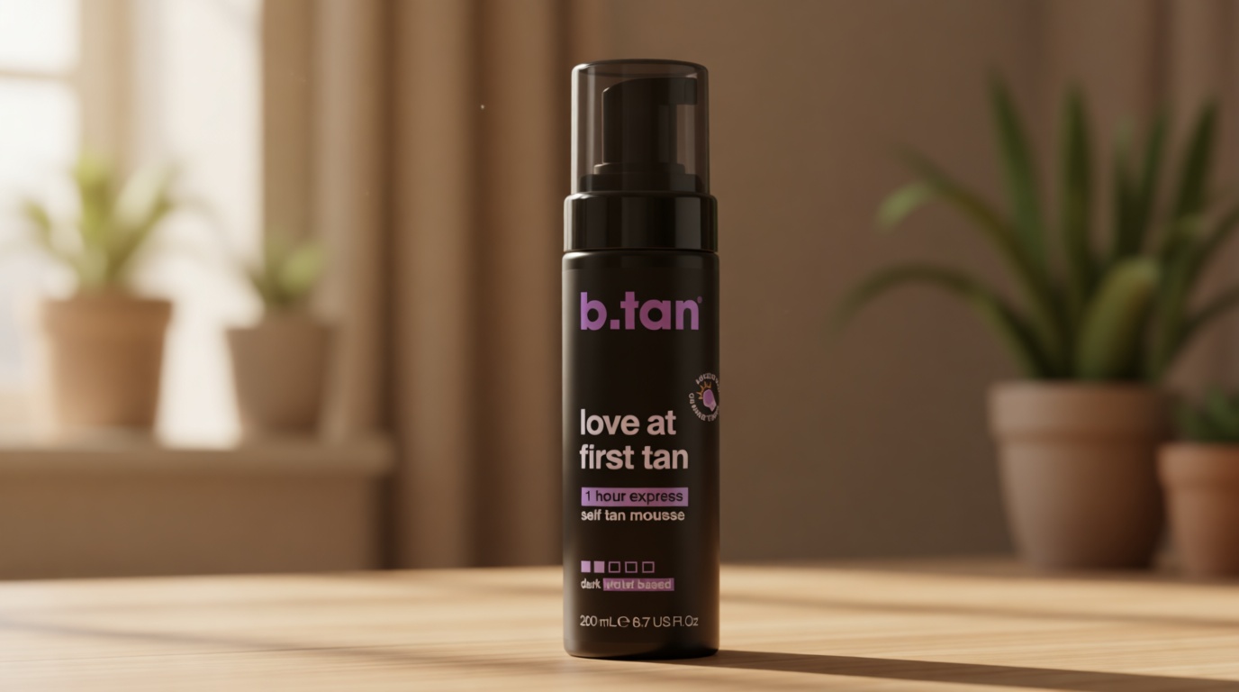 b.tan Violet Base Self Tanner Mousse | Love At First Tan - Best, 1 Hour Express Sunless Tanning Foam, Cancels Orange Tones, Dark Bronzing Glow, No Fake Tan Smell, Face & Body, 6.7 Fl Oz