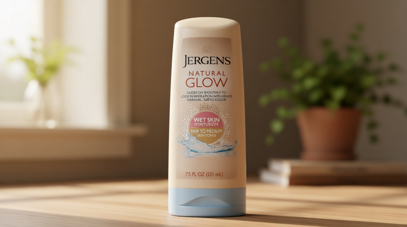 Jergens Natural Glow In Shower Lotion, Self Tanner for Fair to Medium Skin Tone, Sunless Tanning Wet Skin Lotion for Gradual, Flawless Color, 7.5 Ounce (Packaging May Vary)