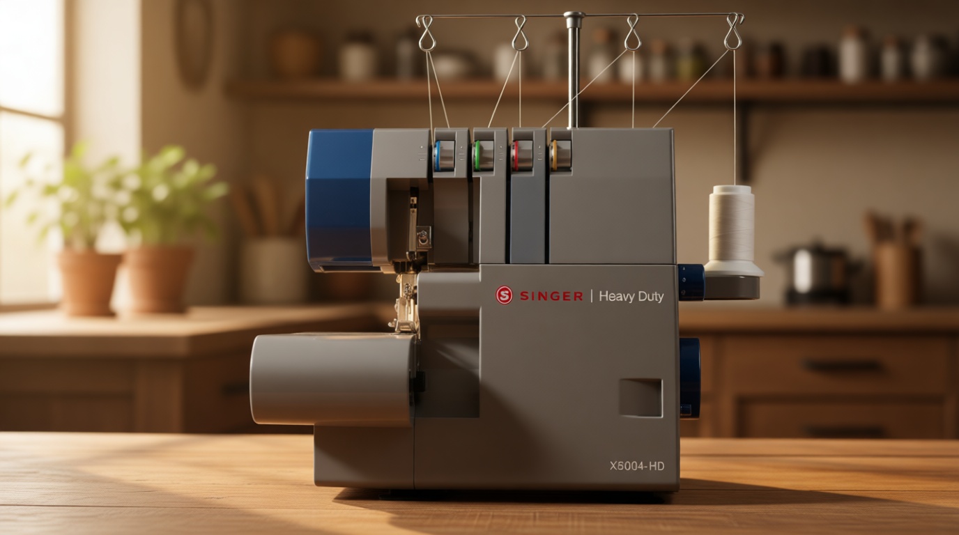 SINGER® X5004-HD Metal Frame Serger & Overlock Machine | 2-3-4 Stitch Capability, 8 Built-In Stitches, 1300 Stitches per Minute, Adjustable Differential Feed & 2 LED Lights (Grey/Blue)