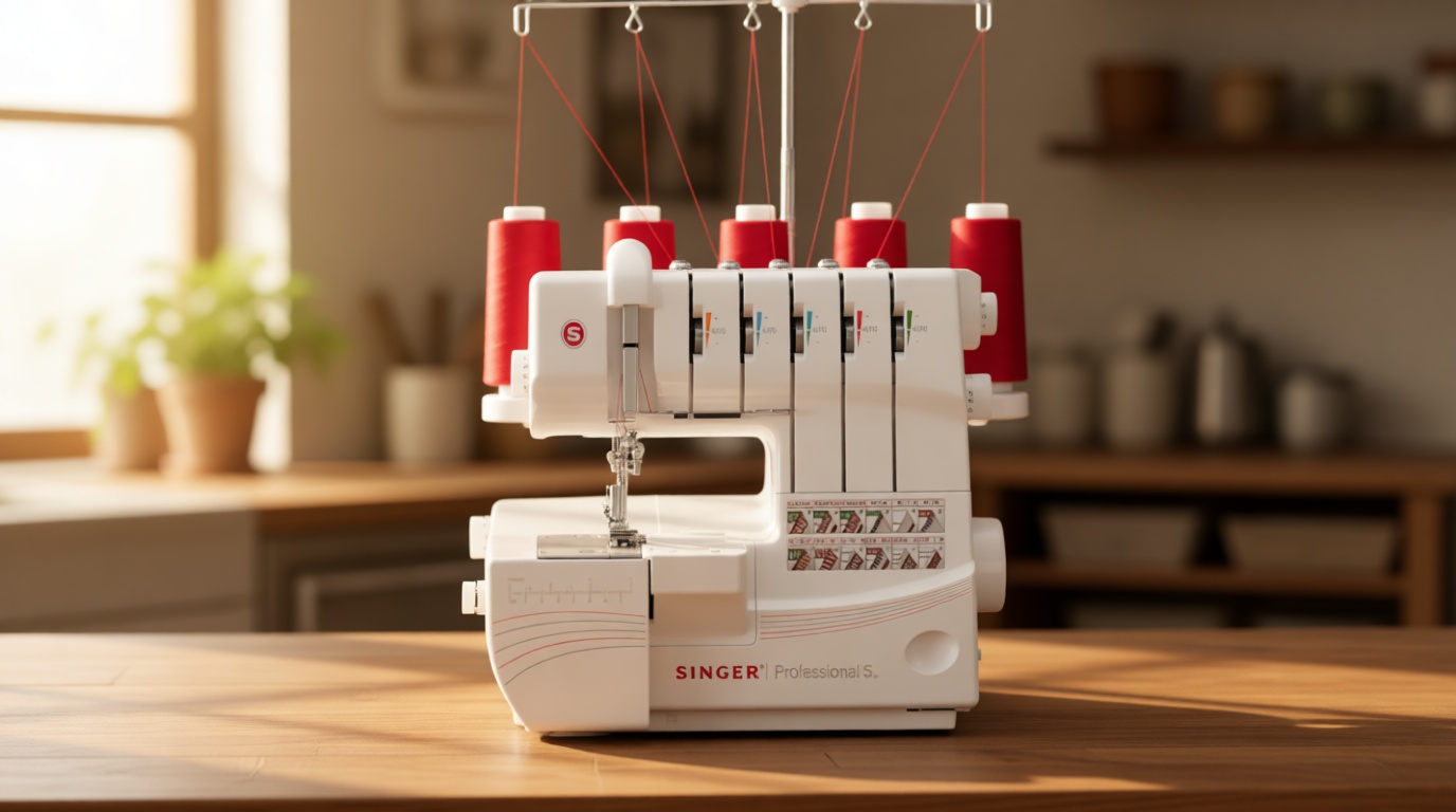 SINGER® Professional 5 14T968DC Heavy-Duty Metal Frame Serger Overlock and Accessory Kit with 2-3-4-5 Stitch Capability, Removeable Trim Trap, 1300 Stitches per minute, & Self Adjusting, White