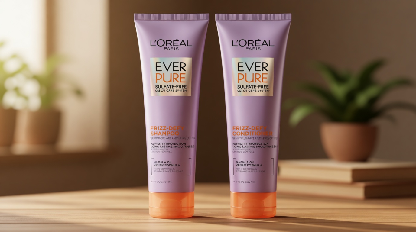 L'Oreal Paris Frizz Defy Shampoo and Conditioner Set, Frizz Control Hair Care with Marula Oil, EverPure, 8.5 Fl Oz, Set of 2