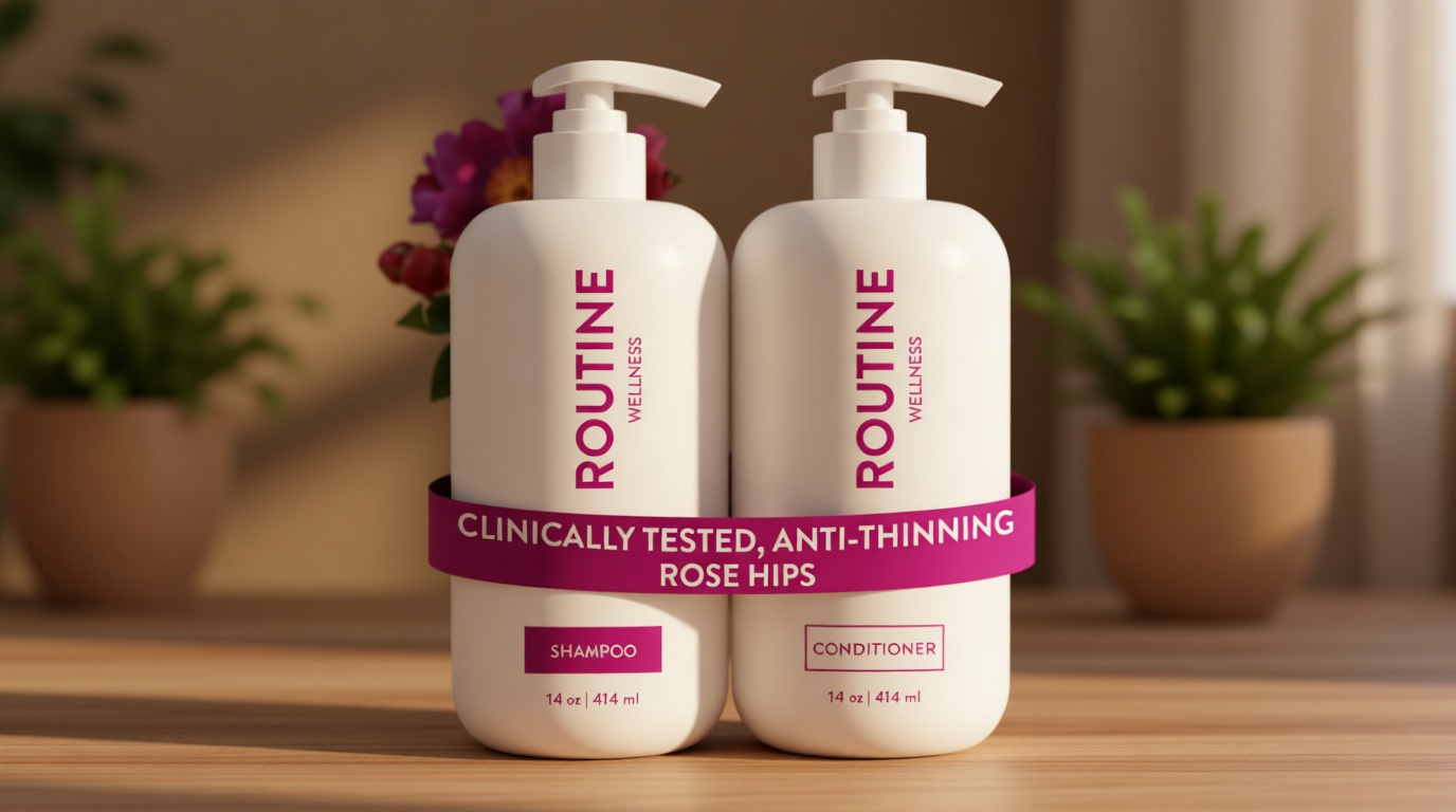 Routine Wellness Anti-Thinning Shampoo and Conditioner Set for Thinning Hair - Biotin DHT Blocker Women & Men - Color Safe Shampoo for Hair Loss & Healthier Hair - Rose Hips (Pack of 2)