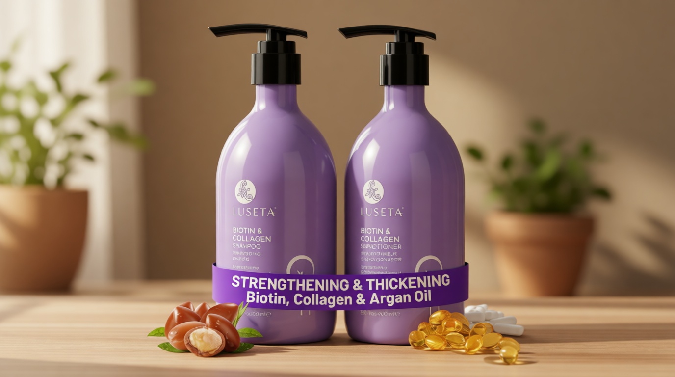 Luseta Biotin & Collagen Shampoo and Conditioner Set for Thinning Hair – Thickening & Strengthening with Argan Oil - Adds Volume, Shine & Manageability Sulfate Free, Paraben Free -16.9 fl oz (2 Pack) ClimeCo Certified
