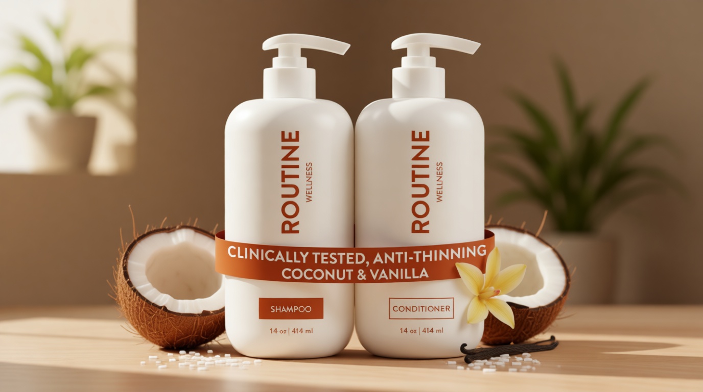 Routine Wellness Anti-Thinning Shampoo and Conditioner Set for Thinning Hair - Biotin DHT Blocker Women & Men - Color Safe Shampoo for Hair Loss & Healthier Hair - Coconut & Vanilla (Pack of 2)