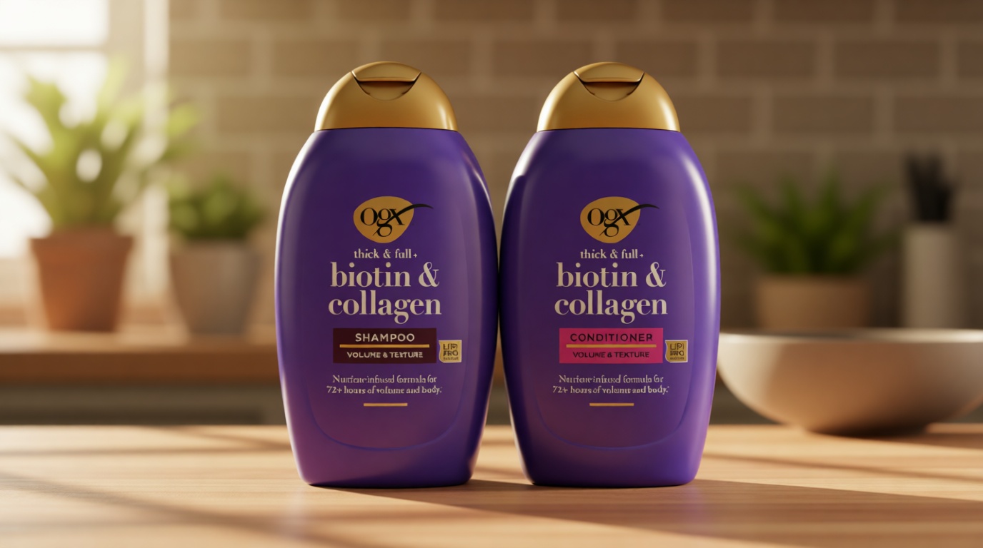 OGX Thick & Full + Biotin and Collagen for Hair Volume & Body, Sulfate Free Volumizing Shampoo & Conditioner Set for Fine & Thinning Hair, Nutrient-Infused, Vitamin B7, 13 fl oz, 2 Pack