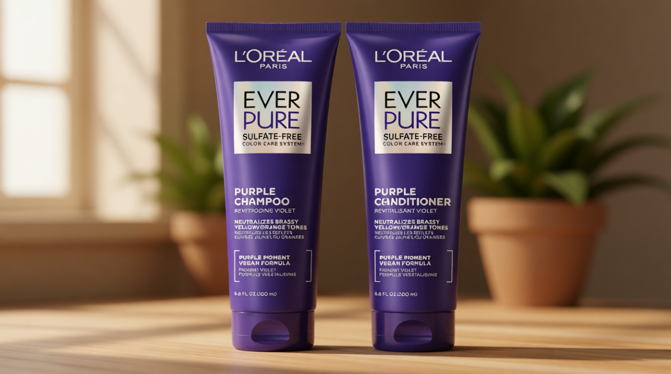 L’Oreal Paris EverPure Sulfate Free Brass Toning Purple Shampoo and Conditioner Set for Blonde, Bleached, Silver, or Brown Highlighted Hair, 1 Kit