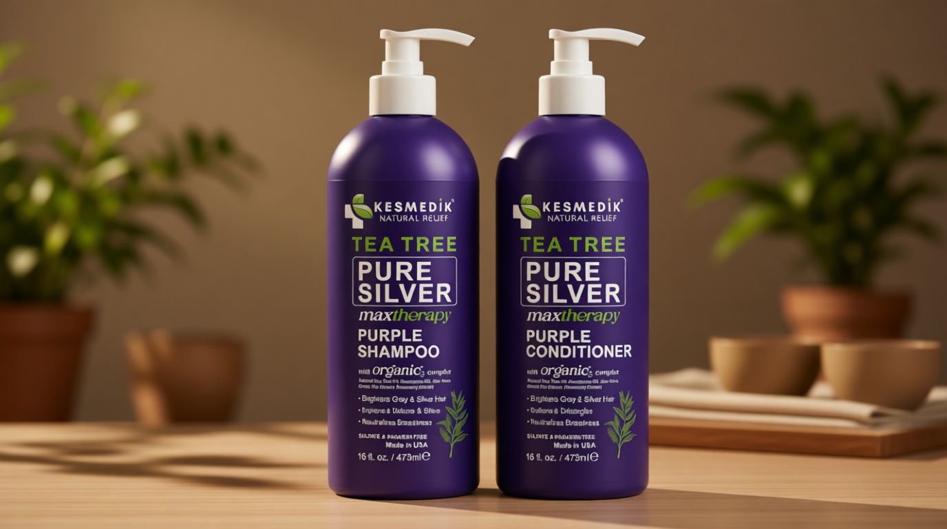 Tea Tree Purple Shampoo & Conditioner Set with Rosemary & Aloe, Professional Anti Brass Toner, Removes Yellow Tones for Gray, Bleached, White & Blonde Hair, Refreshes Scalp, Sulfate-Free