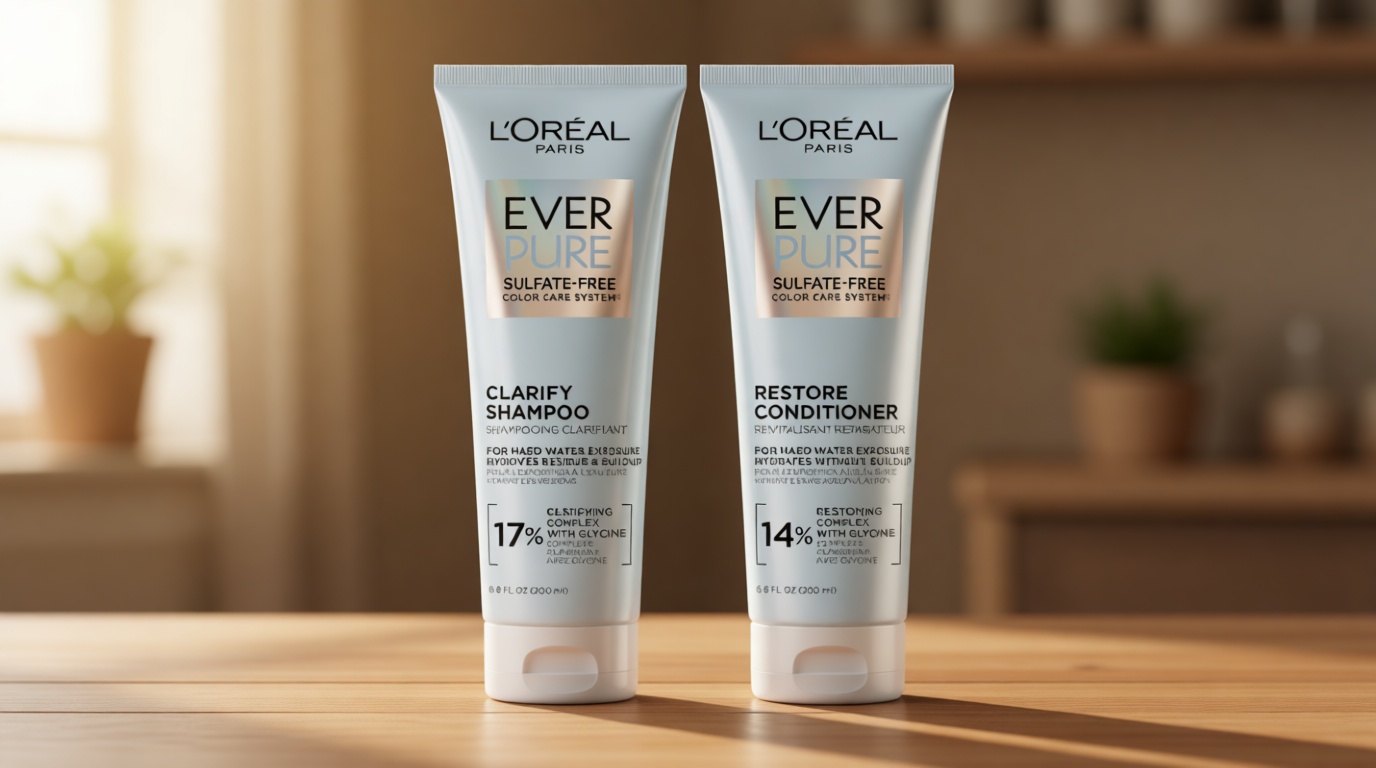 L'Oreal Paris Clarify and Restore Sulfate Free Shampoo and Conditioner Set with Antioxidants for Hard Water Exposure and Styling Build-up, EverPure, 1 Hair Care Kit