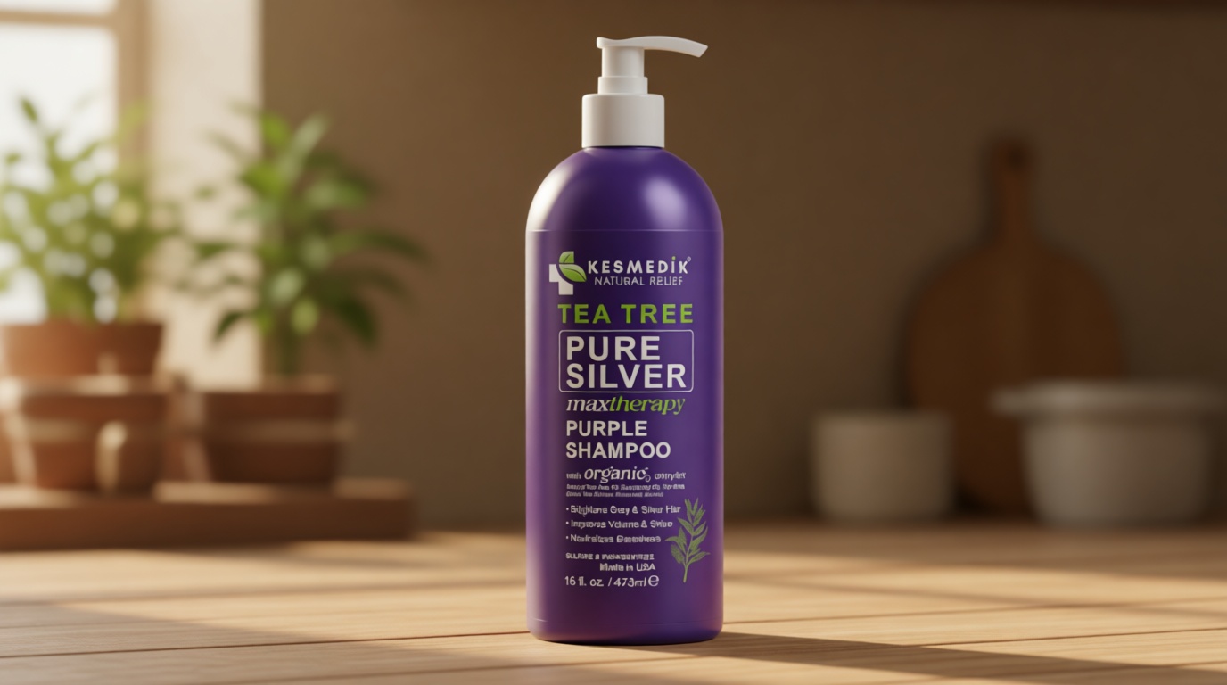 KESMEDIK Tea Tree Purple Shampoo with Rosemary & Aloe, Professional Anti Brass Toner, Removes Yellow Tones for Gray, Bleached, White & Blonde Hair, Nourishes & Refreshes Scalp, Sulfate-Free, 16 fl oz