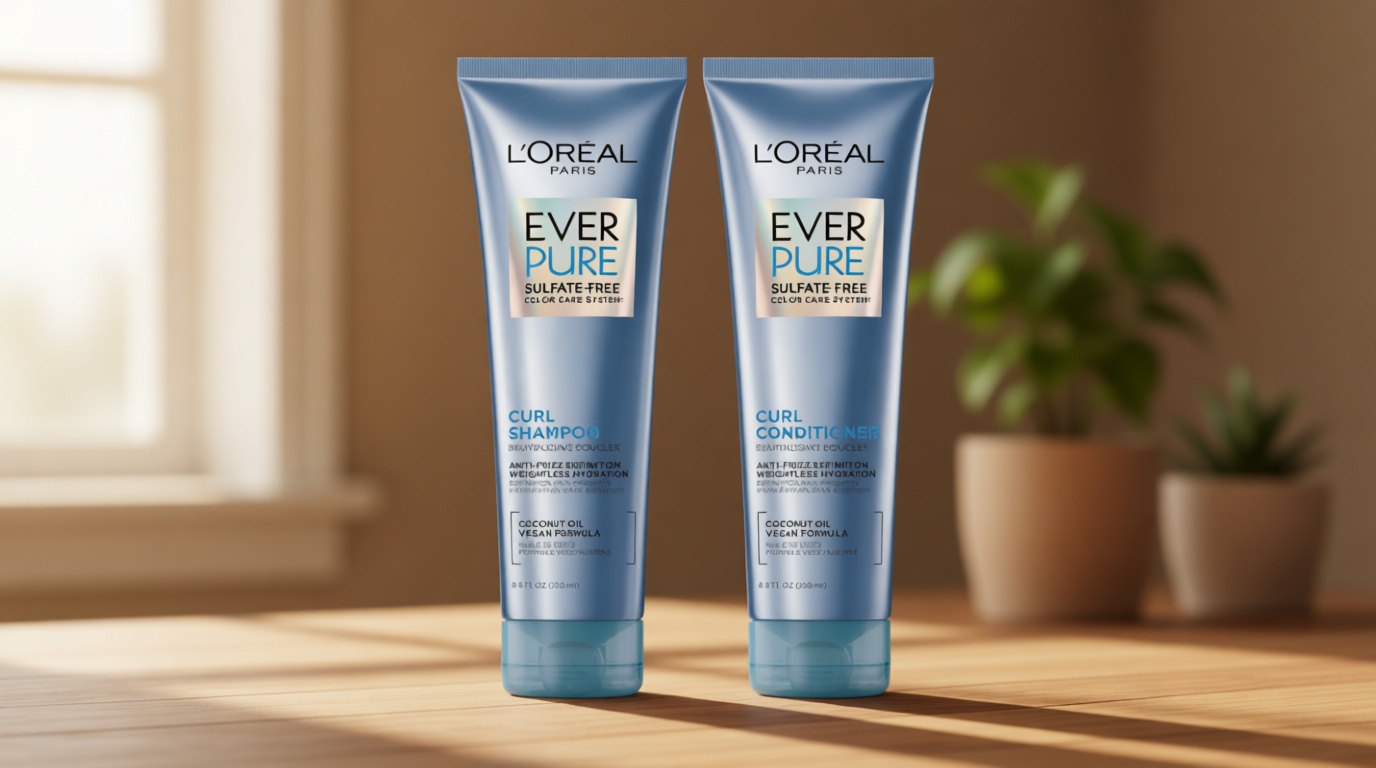 L'Oreal Paris Sulfate Free Shampoo and Conditioner for Curly Hair, Lightweight, Anti-Frizz Hair Care with Coconut Oil, EverPure, 8.5 Fl Oz, Set of 2 (Packaging May Vary)