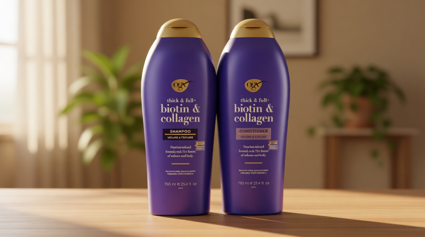 OGX Shampoo and Conditioner Set, Thick and Full + Biotin and Collagen, Purple, Helps Thicken and Texturize Hair, Ideal for Flat to Medium Volume Hair, 25.4 FL OZ, 2 Pack
