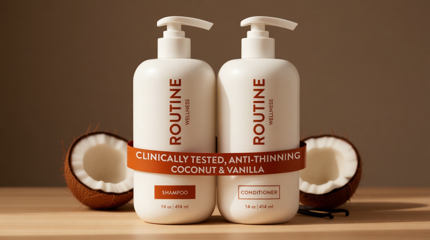 Routine Wellness Anti-Thinning Shampoo and Conditioner Set for Thinning Hair - Biotin DHT Blocker Women & Men - Color Safe Shampoo for Hair Loss & Healthier Hair - Coconut & Vanilla (Pack of 2)