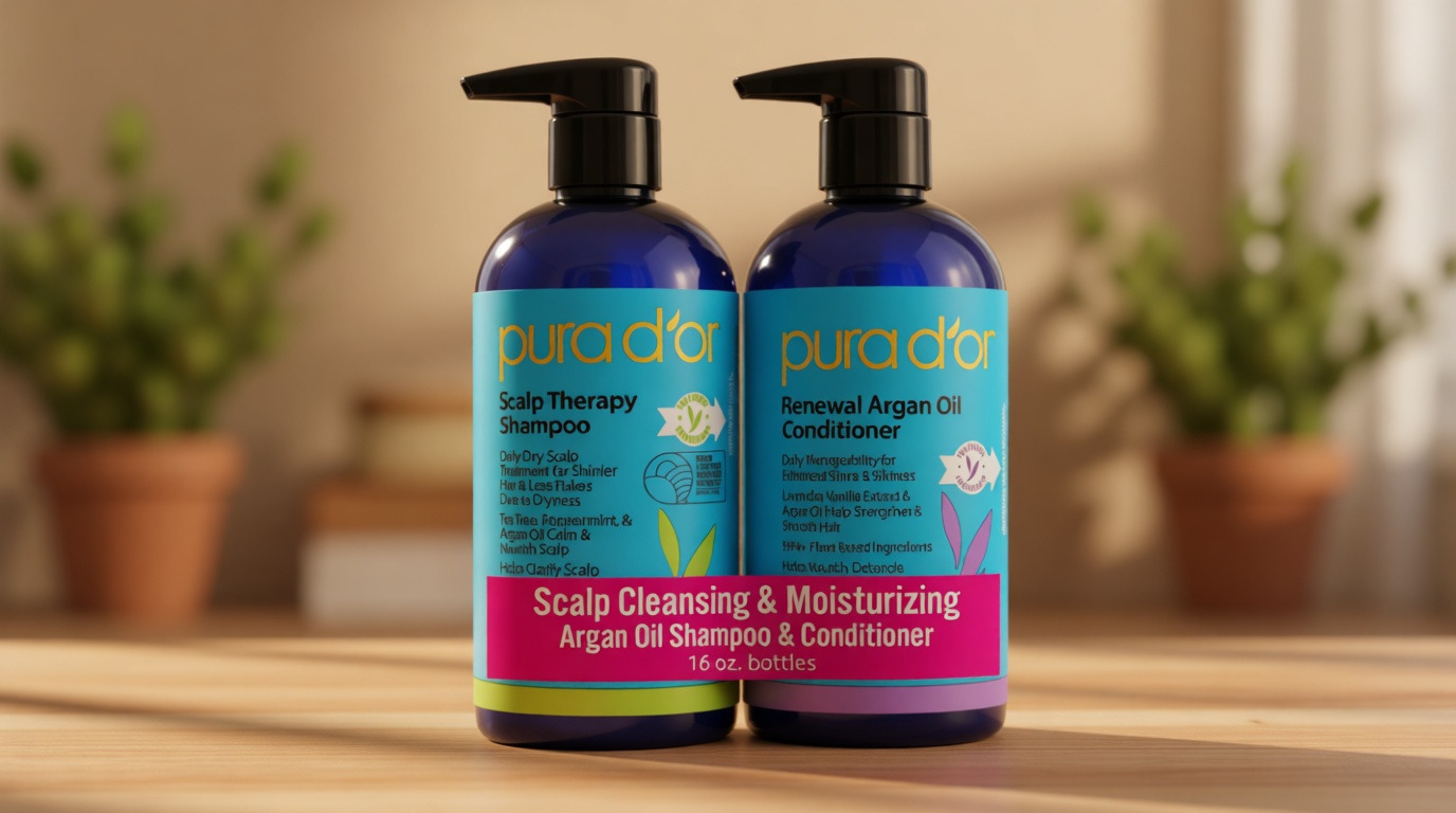 PURA D'OR Scalp Therapy Shampoo & Conditioner Set (16oz x 2) Dry, Itchy Scalp-Hydrates & Nourishes Hair w/Tea Tree, Peppermint, Argan Oil & Biotin, All Hair Type, Men Women (Packaging Varies) USDA Organic