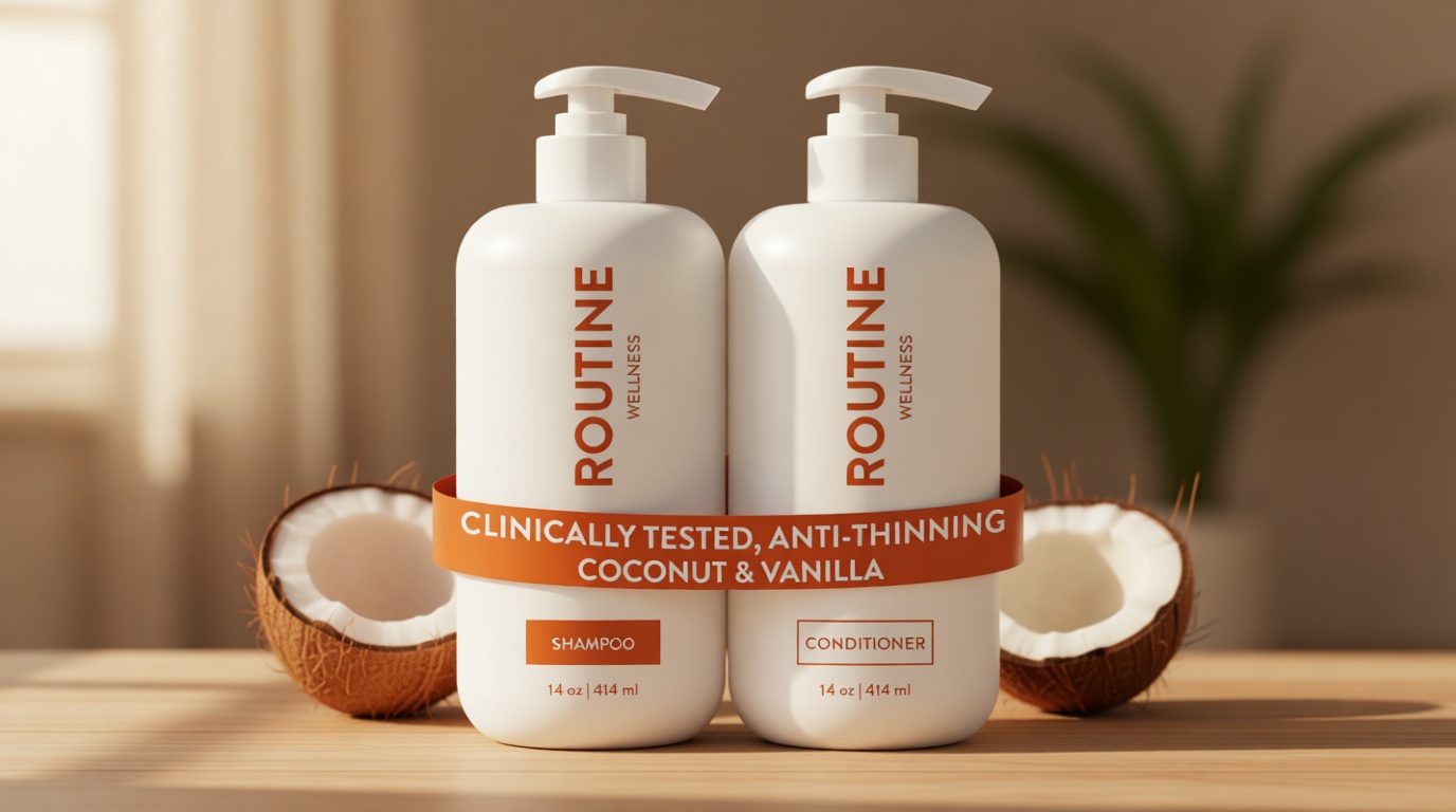 Routine Wellness Anti-Thinning Shampoo and Conditioner Set for Thinning Hair - Biotin DHT Blocker Women & Men - Color Safe Shampoo for Hair Loss & Healthier Hair - Coconut & Vanilla (Pack of 2)