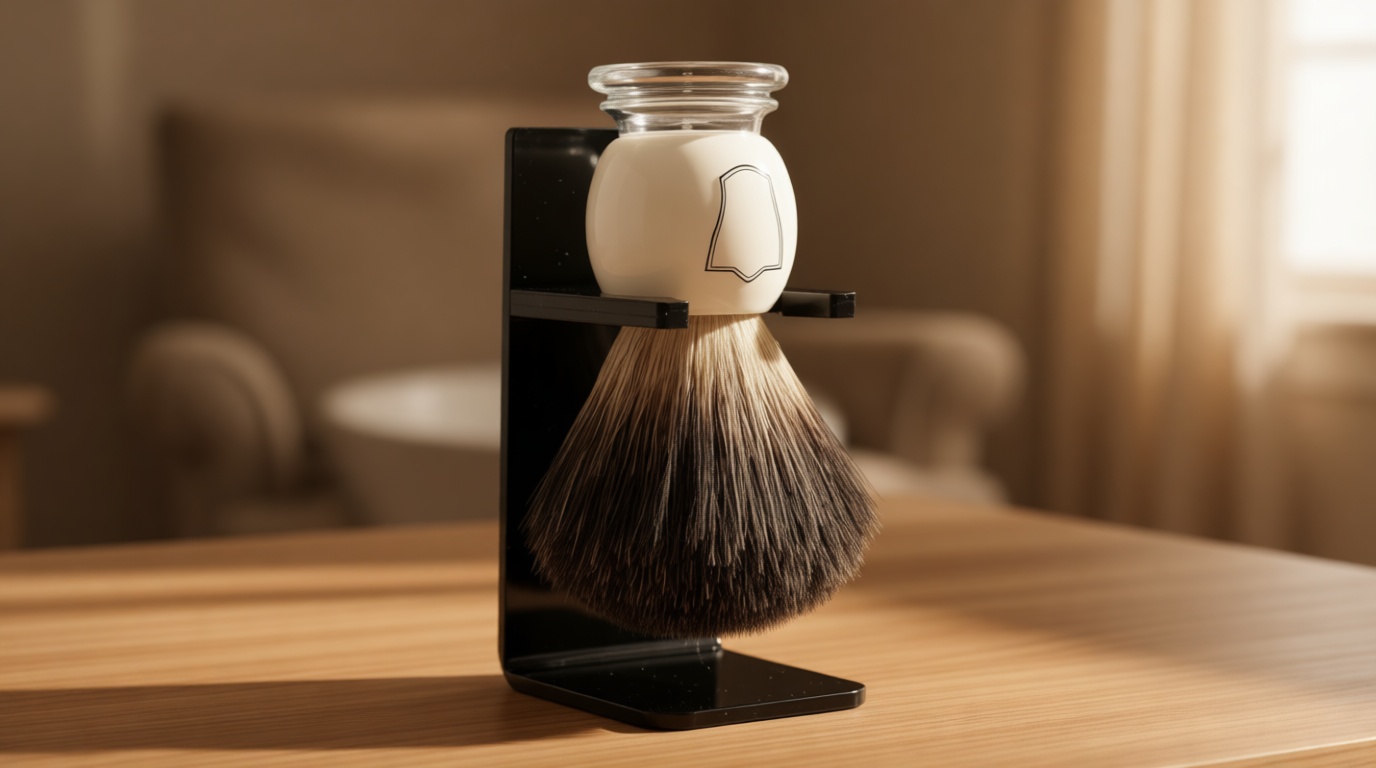 Parker 100% Black Badger Bristle Shaving Brush with Ivory Marbled Handle - Brush Stand Included