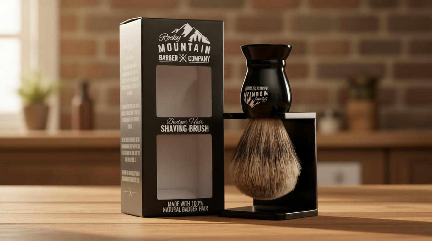 Shaving Brush with Stand - Rocky Mountain Barber Pure 100% Best Badger Hair Barber Grade with Black Heavy Duty All-Resin Handle and Oversized Bristle Head For Better Shaving Cream Lather