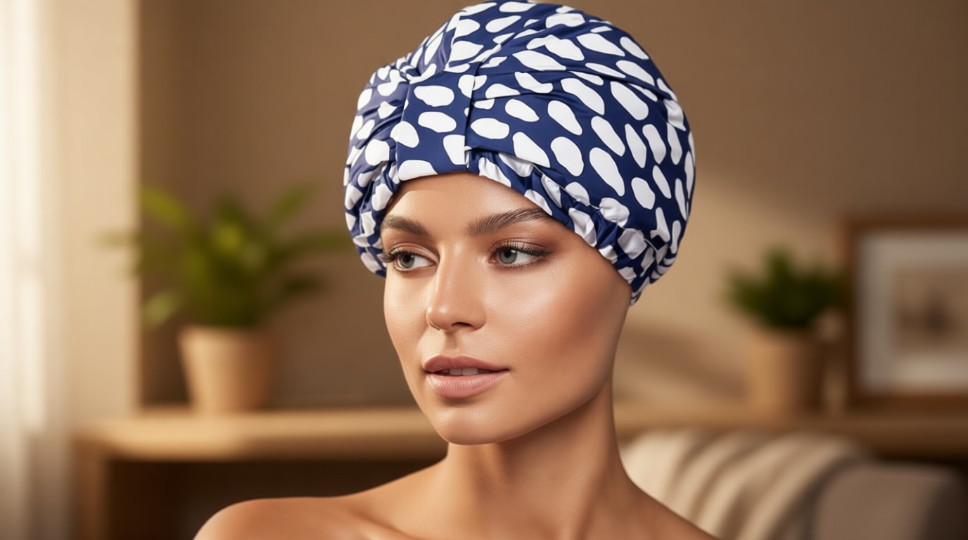 INNELO Luxury Shower Cap for Women Reusable Waterproof, Double Layered Shower Hair Cap with Adjustable Elastic Strap, Large Satin Lined Shower Bath Cap for Long Curly Straight Hair, Blue