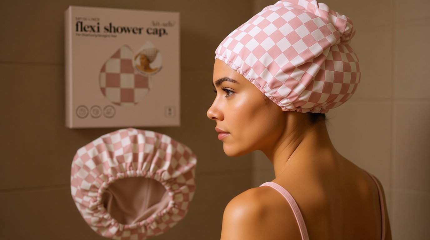 Kitsch Luxury Satin-Lined Flexi Shower Caps for Women Reusable Waterproof - Large Wide Shower Cap for Women & Men, Adjustable, Stylish Hair Cap for Showers, For Long & Short Hair - Terracotta Checker OEKO-TEX STANDARD 100