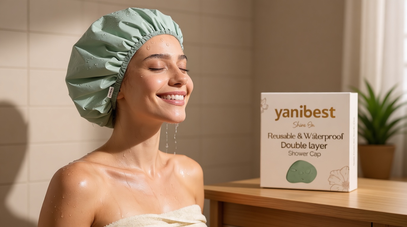 Yanibest Shower Cap Reusable Waterproof - Double Layer Shower Caps for Women, Washable Shower Bonnet with Soft Non-Slip Elastic Band, Bath Hair Hat for Most Hair Types
