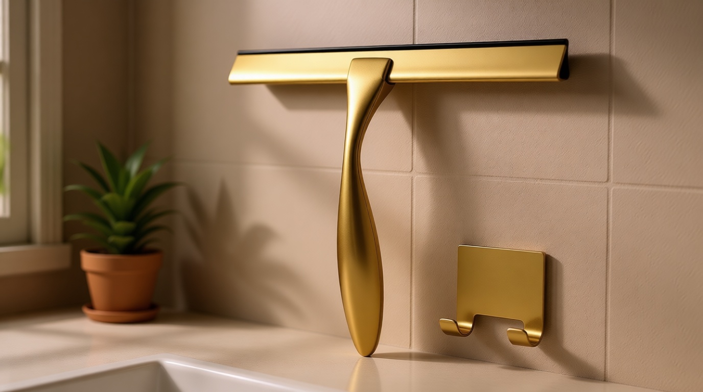 HIWARE All-Purpose Shower Squeegee for Shower Doors, Bathroom, Window and Car Glass - Brass, Stainless Steel, 10 Inches