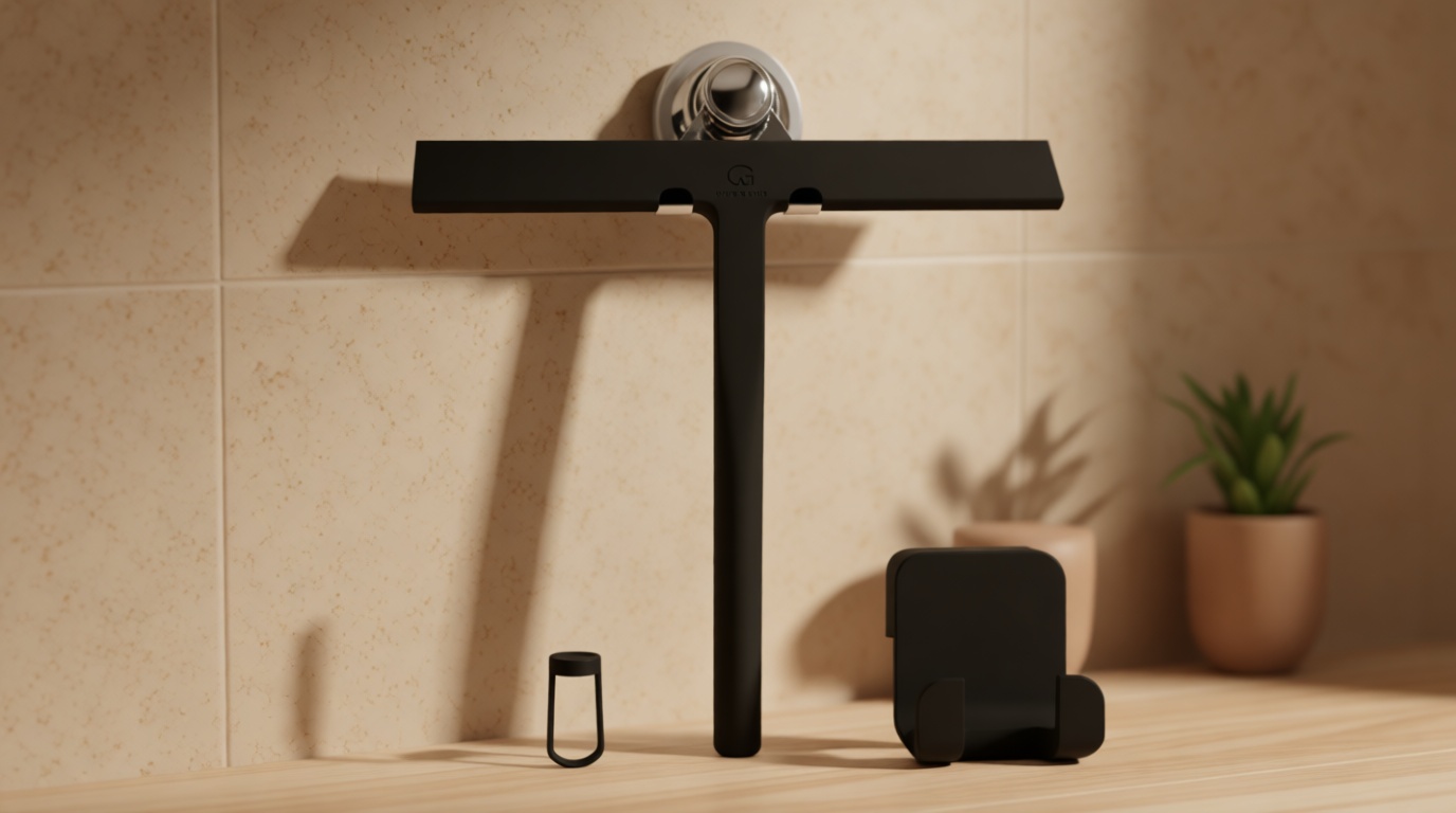 GÜTEWERK Silicone Shower Squeegee for Glass Doors & Mirrors with Stainless Steel Core, Streak-Free & No-Squeak Window Cleaning, 3-in-1 No-Drill Mount (Hook/Suction/Adhesive), Black, 9''