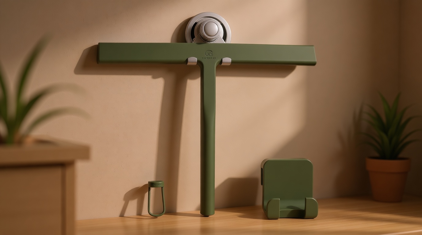 GÜTEWERK Silicone Shower Squeegee for Glass Doors & Mirrors with Stainless Steel Core, Streak-Free & No-Squeak Window Cleaning, 3-in-1 No-Drill Mount (Hook/Suction/Adhesive),Green, 11 Inches