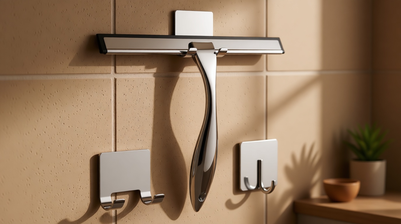 All-Purpose Stainless Steel Shower Squeegee for Shower Glass Door with 2 Adhesive Hooks, Bathroom Cleaner Tool Household Window Mirror Squeegee , Cleaning Tile Wall, Car, 10 Inch Silver