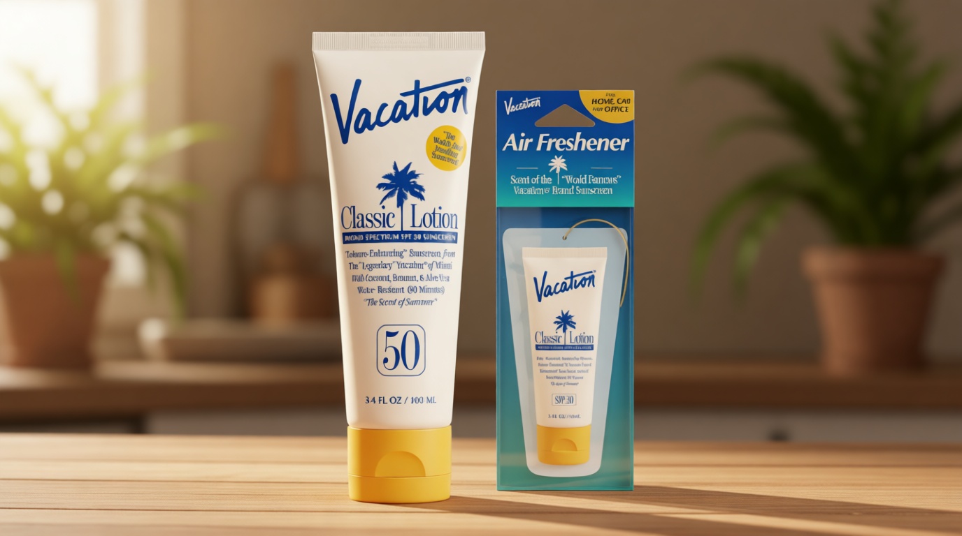 Vacation Classic Sunscreen Lotion SPF 50 & Air Freshener Bundle, Water-Resistant, Lightweight, Transparent on All Skin Tones, Dermatologist-Tested, Vegan, Travel Size, 3.4 Fl. Oz.