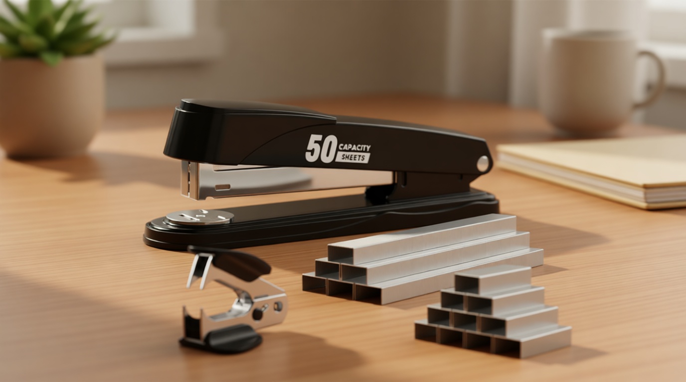 Metal Stapler Heavy Duty 50 Sheet Capacity with 1750 Staples and Staple Remover, Full Strip Staplers for Desk, No Jam, Non-Slip for Office & Classroom, Black
