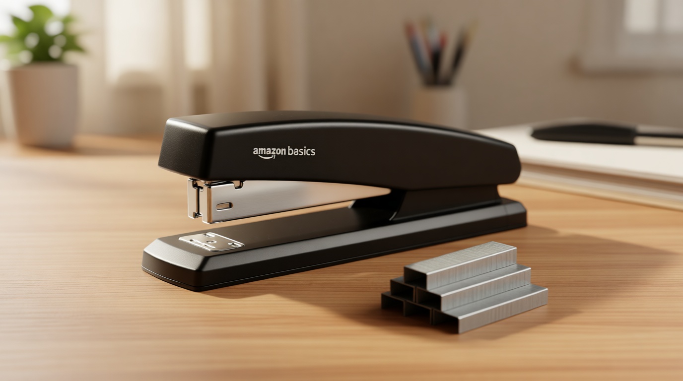 Amazon Basics Office Stapler with 1000 Staples, 25 Sheet Capacity, Non-Slip, Black, Home Office