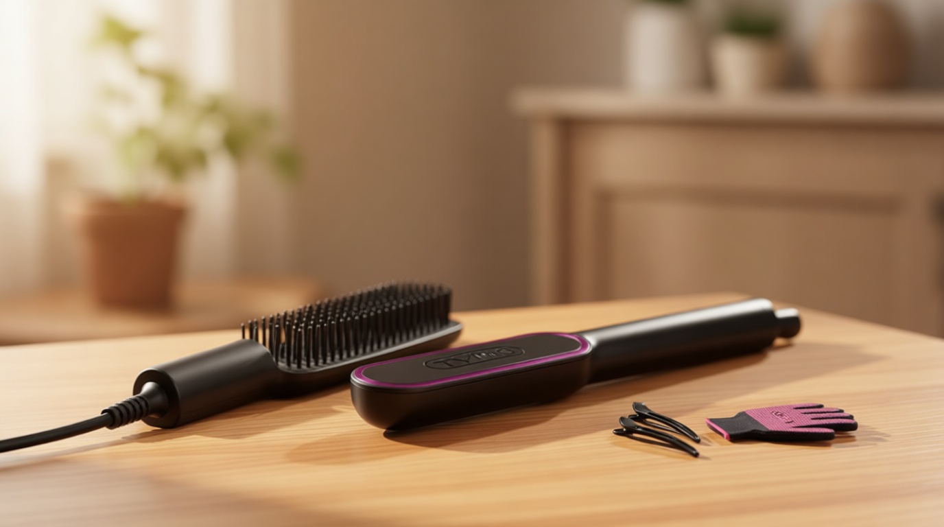 Hair Straightener Brush, TYMO Ring Hair Straightener Comb Straightening Brush for Women with 5 Temps 20s Fast Heating & Dual Voltage, Black