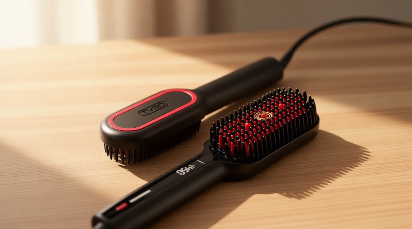 TYMO Hair Straightener Brush - Upgraded Ionic Plus Straightening Brush with Dense Bristles, 16 Temps, Dual Voltage | Ceramic Hot Comb for Women | Flat Iron for Thick Curly Hair, Black